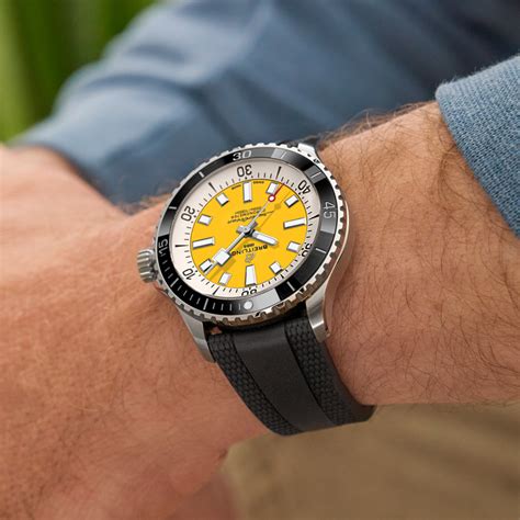 Breitling Superocean 42mm Stainless Steel Watch Yellow Dial .